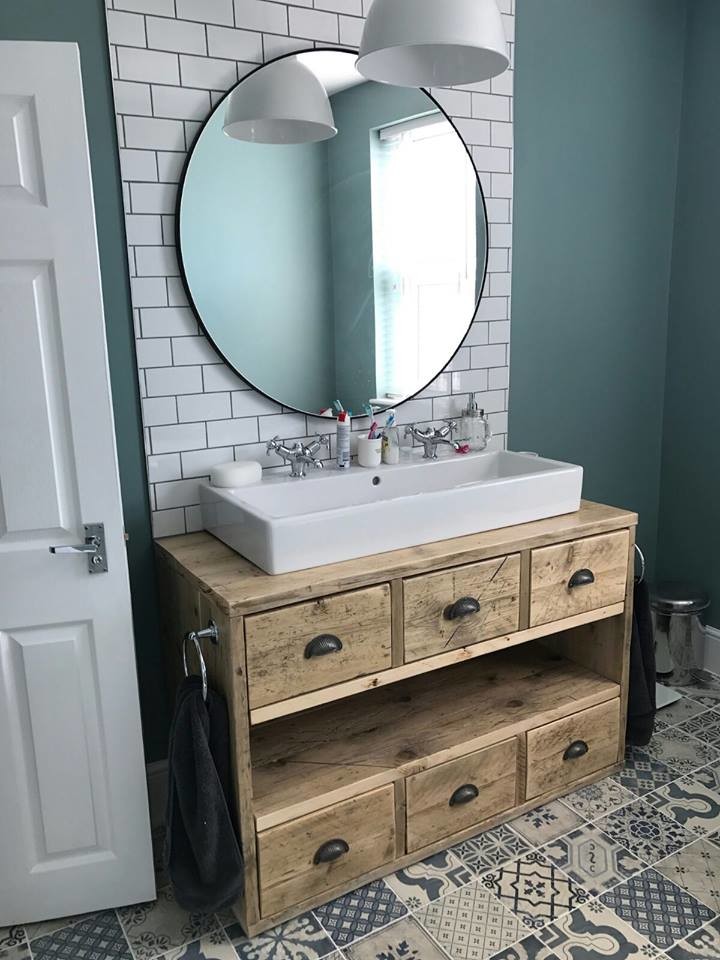 Inspiration for a mid-sized contemporary kids' bathroom remodel in Other with furniture-like cabinets, light wood cabinets and wood countertops