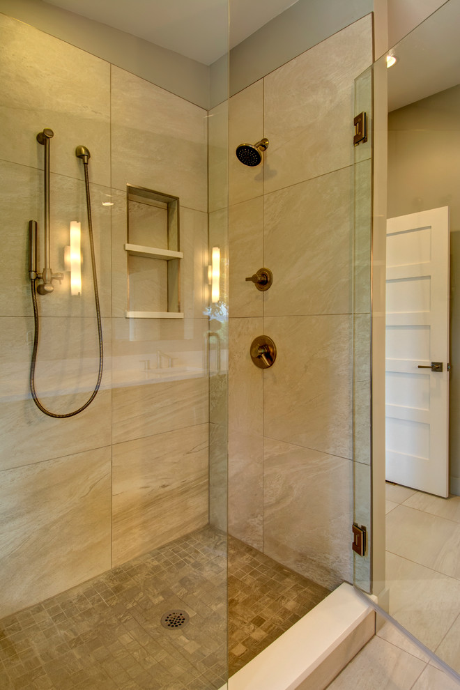 Inspiration for a large mid-century modern master white tile and stone slab porcelain tile alcove shower remodel in Denver with flat-panel cabinets, dark wood cabinets, gray walls, an undermount sink and solid surface countertops