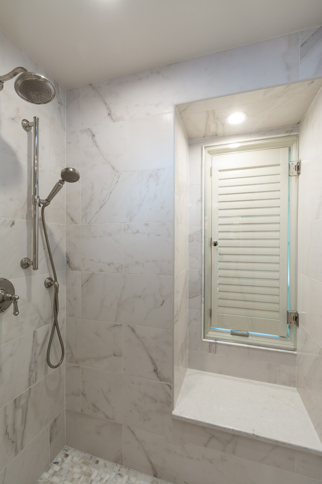 Photo of a large traditional ensuite bathroom in Columbus with raised-panel cabinets, white cabinets, a submerged bath, an alcove shower, a two-piece toilet, green tiles, green walls, marble flooring, a submerged sink, marble worktops and a hinged door.