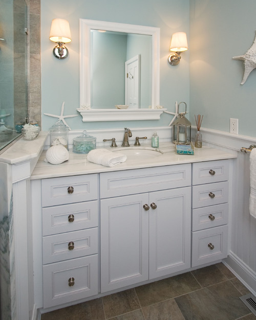 Bathroom with BM Quiet Moments Paint Color: pale blue paint color inspiration for a tranquil and serene room.
