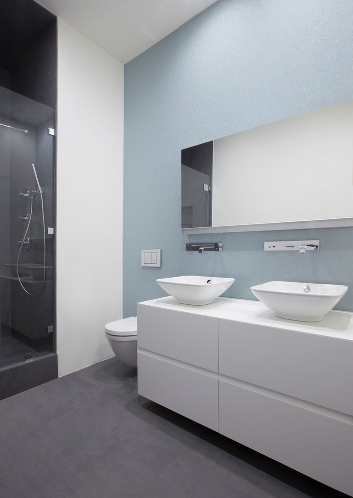 Contemporary bathroom in New York with a vessel sink.