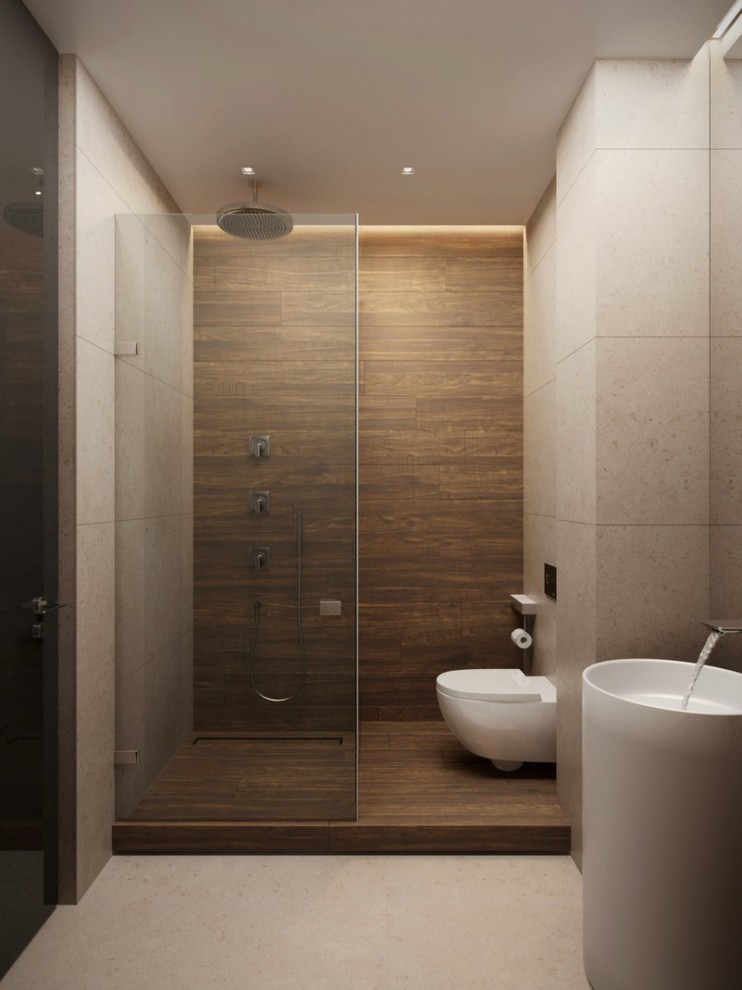 Idéer för ett stort modernt en-suite badrum, med en dusch i en alkov, en vägghängd toalettstol, beige kakel, cementkakel, beige väggar, vinylgolv, ett piedestal handfat, bänkskiva i akrylsten, beiget golv och med dusch som är öppen