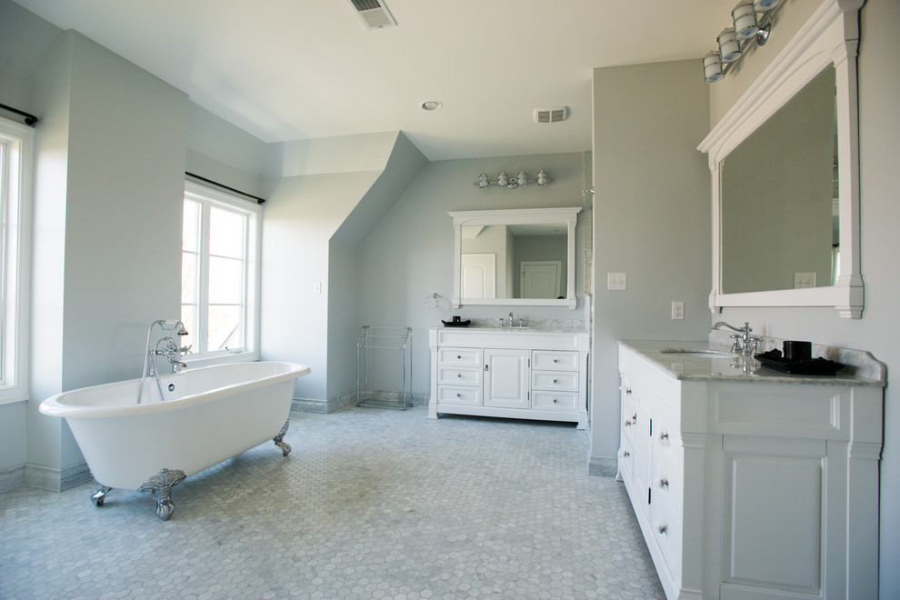 Design ideas for a large classic ensuite bathroom in Other with raised-panel cabinets, white cabinets, a freestanding bath, a walk-in shower, a one-piece toilet, grey tiles, white tiles, stone tiles, green walls, terracotta flooring, a built-in sink and soapstone worktops.