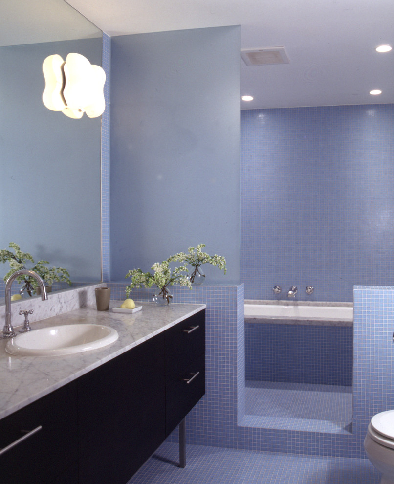 Medium sized contemporary ensuite bathroom in San Francisco with a built-in sink, flat-panel cabinets, black cabinets, marble worktops, an alcove shower, a one-piece toilet, blue tiles, ceramic tiles, blue walls, ceramic flooring and an alcove bath.