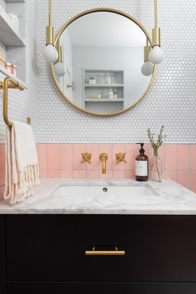 Inspiration for a mid-sized transitional kids' pink tile and ceramic tile cement tile floor, white floor and single-sink bathroom remodel in New York with flat-panel cabinets, dark wood cabinets, white walls, an undermount sink, quartzite countertops, gray countertops and a freestanding vanity