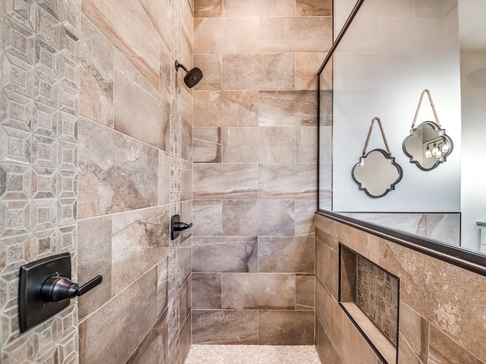 Large country master multicolored tile and ceramic tile ceramic tile and beige floor bathroom photo in Oklahoma City with furniture-like cabinets, white cabinets, a one-piece toilet, beige walls, an undermount sink, granite countertops, a hinged shower door and multicolored countertops