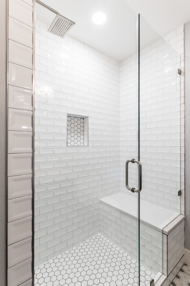 Upscale Luxury Hinged-Door Shower with Bench - Transitional - Bathroom ...