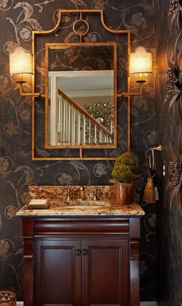 Inspiration for a small timeless 3/4 dark wood floor bathroom remodel in DC Metro with recessed-panel cabinets, dark wood cabinets, granite countertops, black walls and an undermount sink