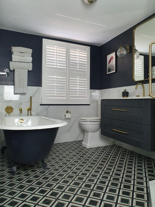 Dramatic Allure: Blue Hints for Dark Gray Shaker Cabinets with Brass Accents in French Country Bathrooms