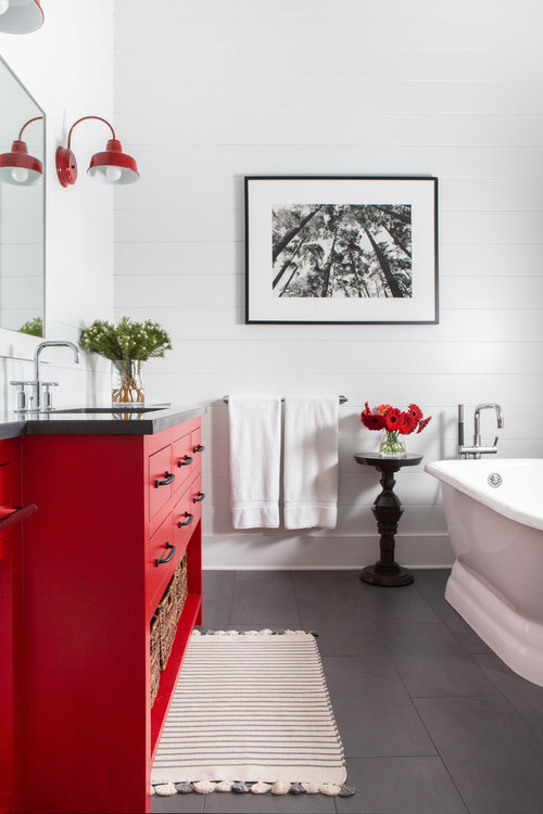 Red Vanity and Black Accents: Traditional Girls Bathroom Ideas