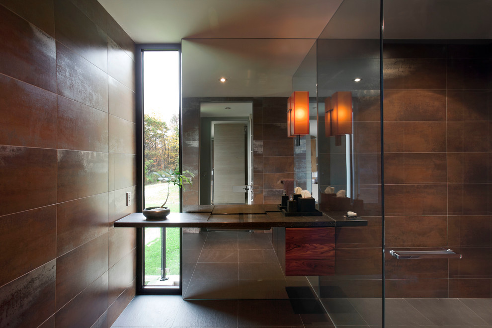 Réalisation d'une douche en alcôve principale minimaliste de taille moyenne avec un sol noir et une cabine de douche à porte battante.