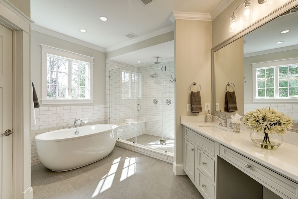 Example of a huge transitional master white tile and subway tile porcelain tile and gray floor bathroom design in DC Metro with beaded inset cabinets, gray cabinets, brown walls and an undermount sink