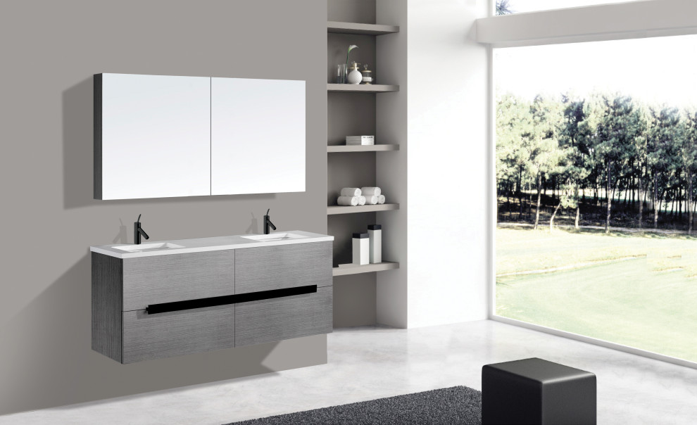 Immagine di una stanza da bagno moderna di medie dimensioni con consolle stile comò, ante blu, top in superficie solida e top bianco
