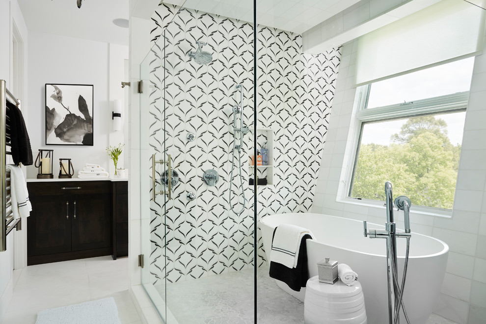 Bathroom - huge transitional master black and white tile white floor bathroom idea in Minneapolis with dark wood cabinets, a hinged shower door, white countertops, shaker cabinets and white walls