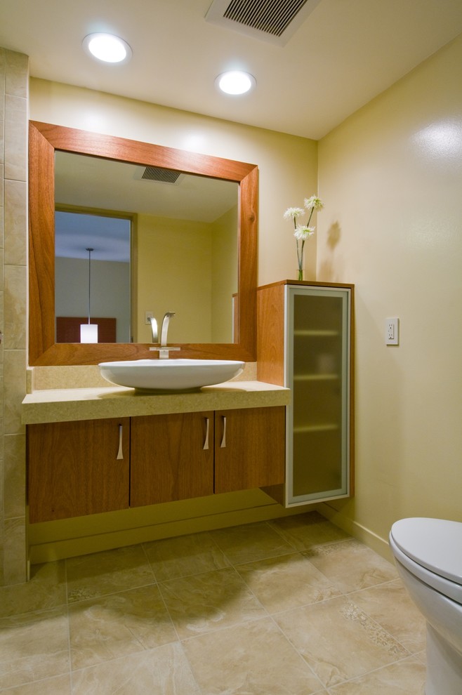 Example of a trendy bathroom design in Hawaii with a vessel sink
