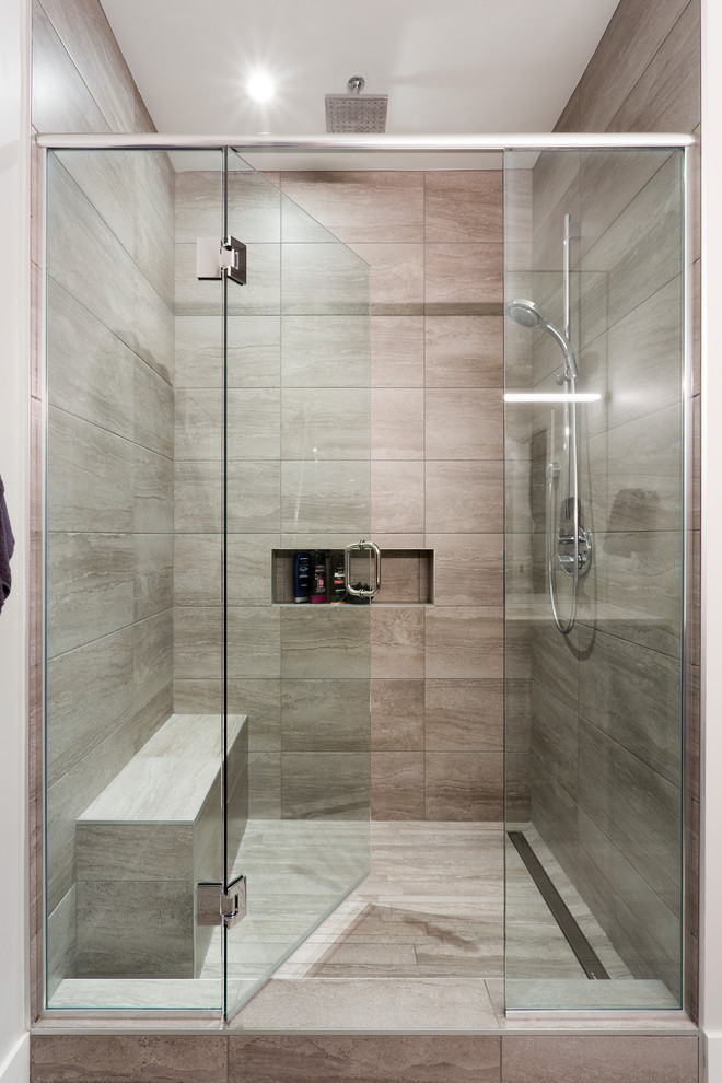 Inspiration for a small contemporary master gray tile and porcelain tile porcelain tile alcove shower remodel in Other with flat-panel cabinets, dark wood cabinets, multicolored walls, an undermount sink and quartzite countertops