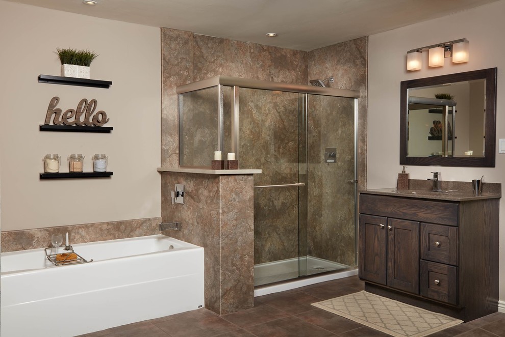 Design ideas for a medium sized classic ensuite bathroom in Miami with shaker cabinets, dark wood cabinets, an alcove bath, a corner shower, brown tiles, stone slabs, brown walls, ceramic flooring, a submerged sink, granite worktops, brown floors and a sliding door.