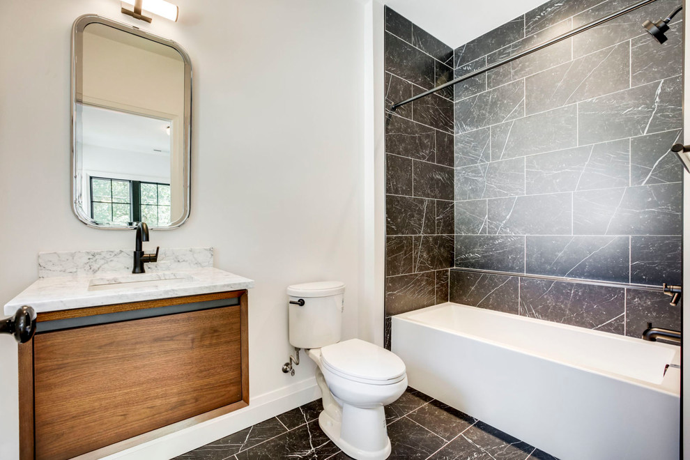 Design ideas for a large traditional family bathroom in DC Metro with flat-panel cabinets, medium wood cabinets, engineered stone worktops and white floors.