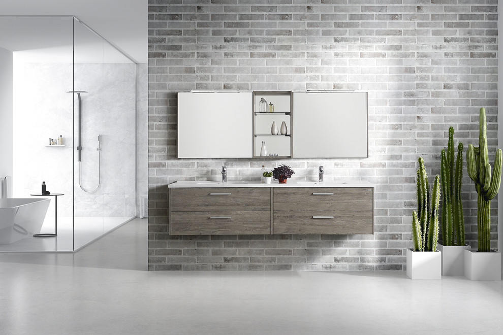 Design ideas for a large modern ensuite bathroom in Miami with flat-panel cabinets, medium wood cabinets, a freestanding bath, engineered stone worktops, a built-in shower and grey walls.