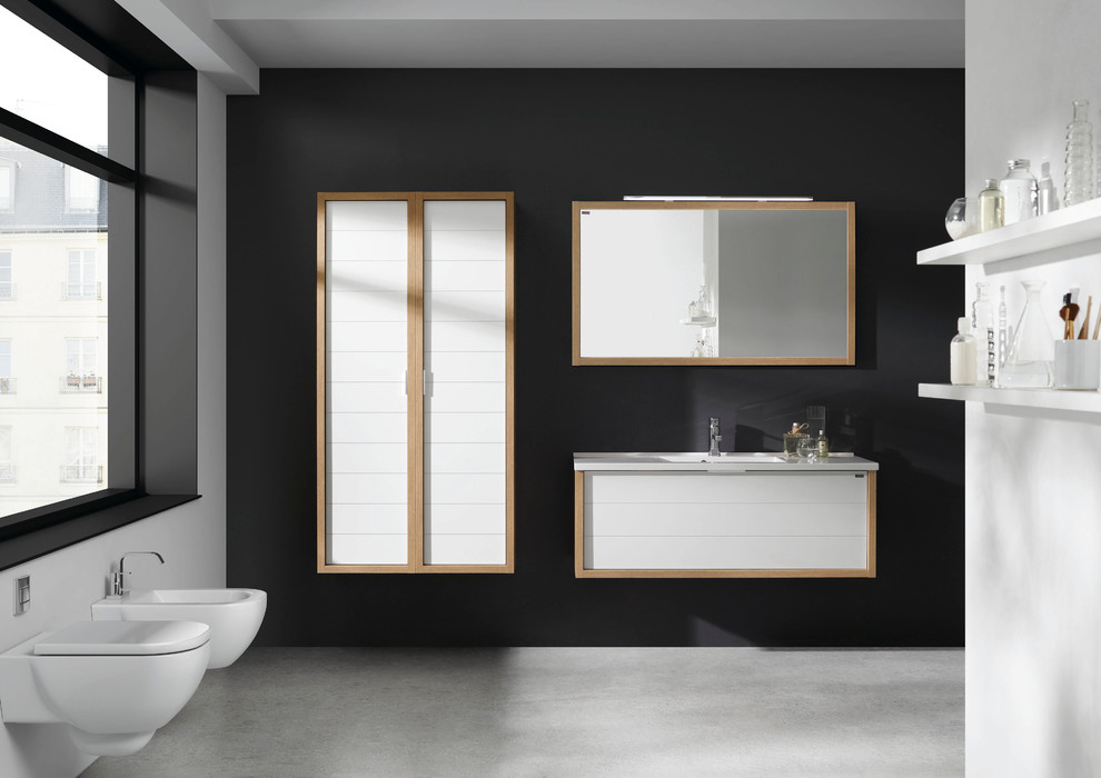 Example of a mid-sized minimalist master concrete floor bathroom design in Miami with flat-panel cabinets, white cabinets, a wall-mount toilet, black walls, a vessel sink and wood countertops