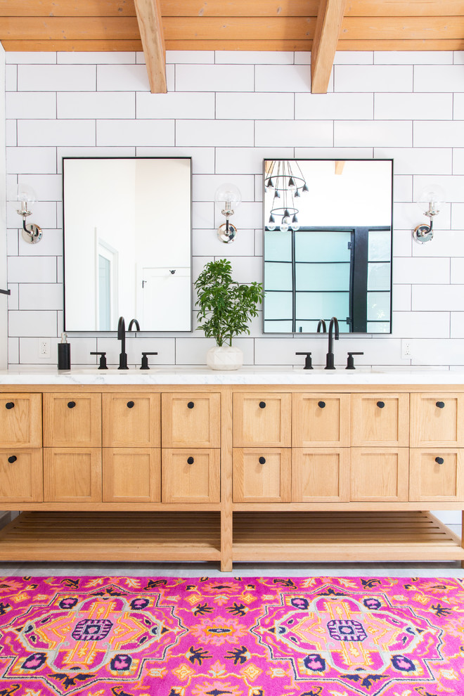 Inspiration for a transitional master white tile and subway tile bathroom remodel in Los Angeles with light wood cabinets, white walls, white countertops and shaker cabinets