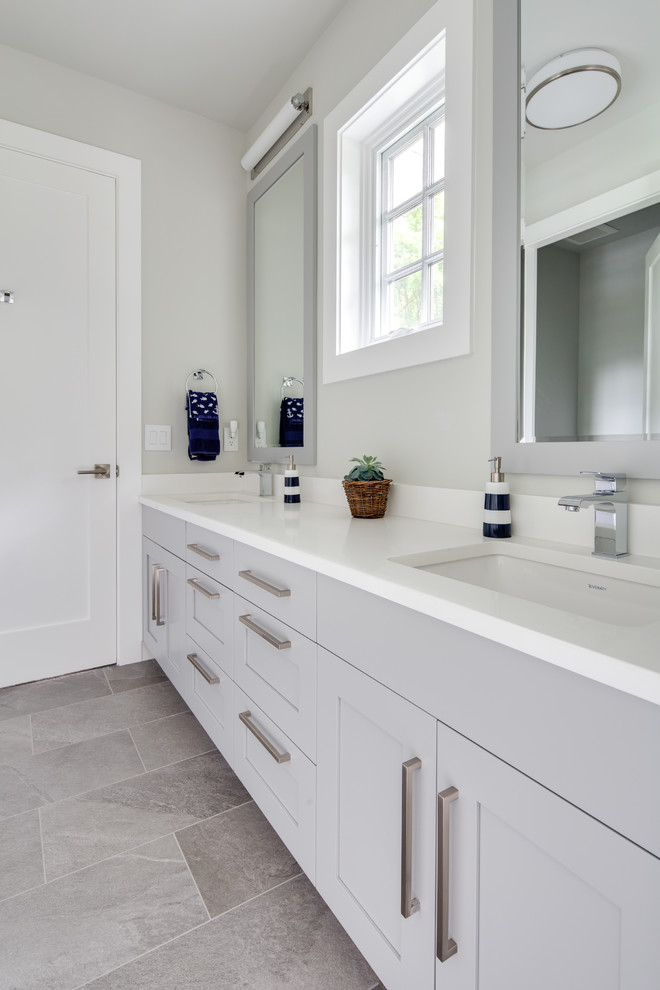 Medium sized traditional family bathroom in Vancouver with shaker cabinets, grey cabinets, grey walls, porcelain flooring, a submerged sink, engineered stone worktops, grey floors and white worktops.