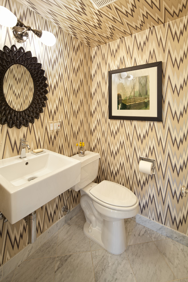 Trendy bathroom photo in Portland with a wall-mount sink and a two-piece toilet