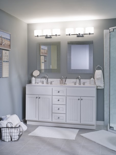 Large classic ensuite bathroom in St Louis with a built-in sink, flat-panel cabinets, white cabinets, a corner shower, grey walls and ceramic flooring.