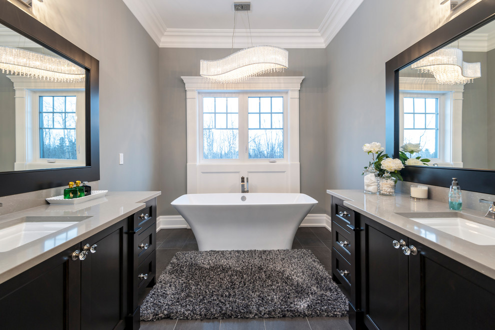 Vanities | His & Hers | Grey Quartz Vanity on Black Cabinets