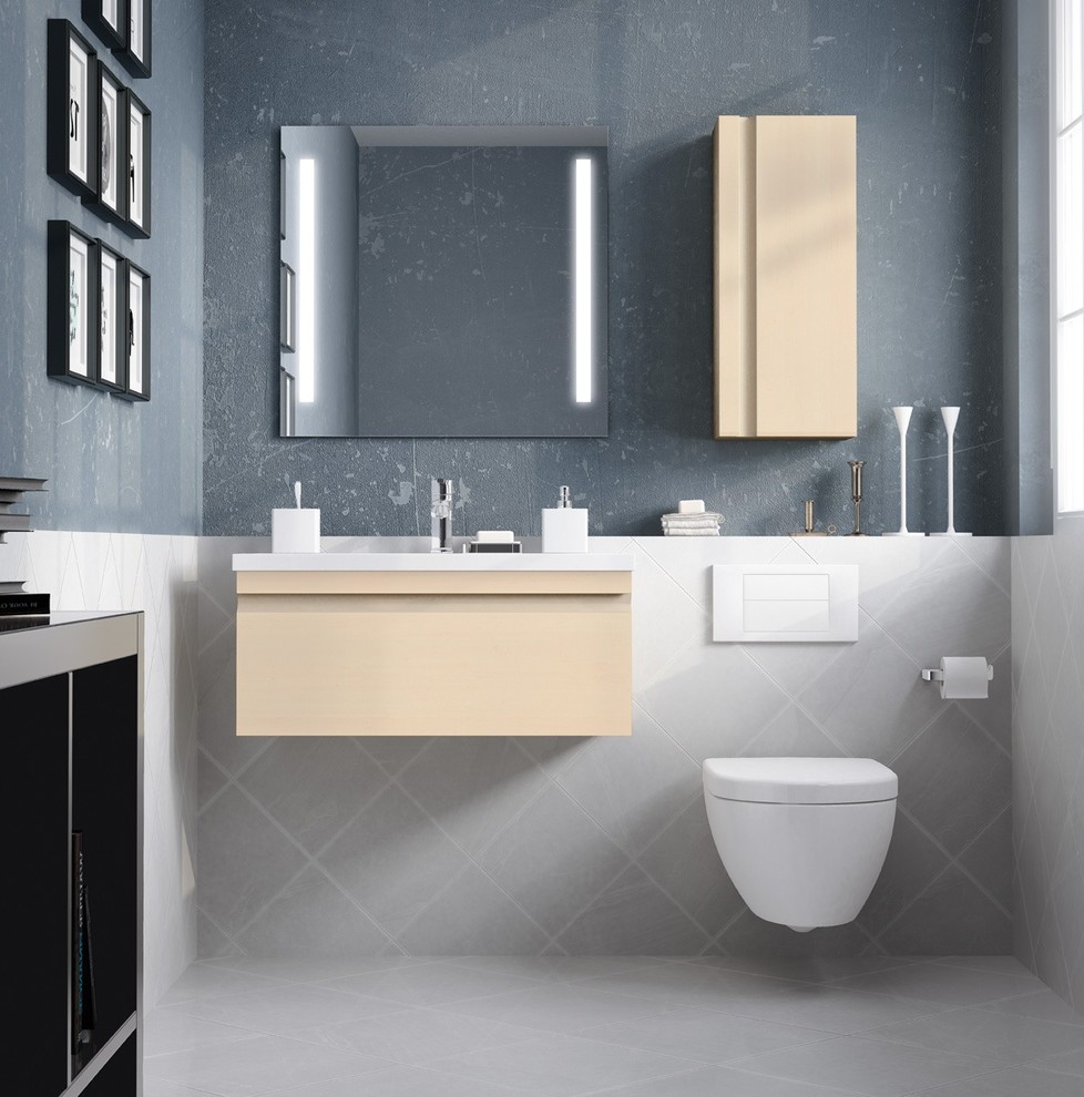 Идея дизайна: ванная комната среднего размера в стиле модернизм с плоскими фасадами, душевой кабиной и монолитной раковиной