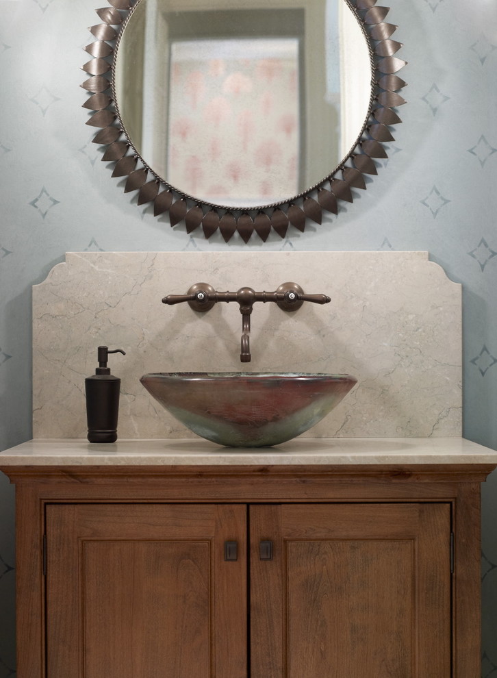 Inspiration for an eclectic bathroom remodel in New York with a vessel sink