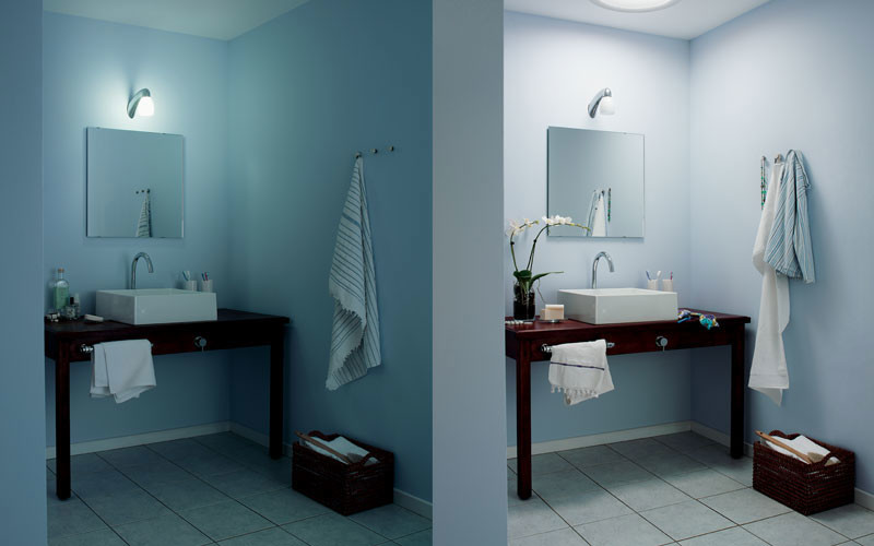 Diseño de cuarto de baño actual de tamaño medio con baldosas y/o azulejos blancos y paredes azules