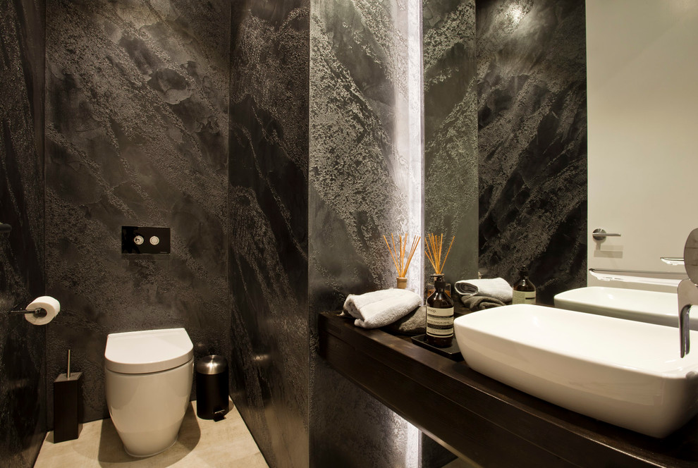 Diseño de cuarto de baño principal contemporáneo de tamaño medio con paredes grises