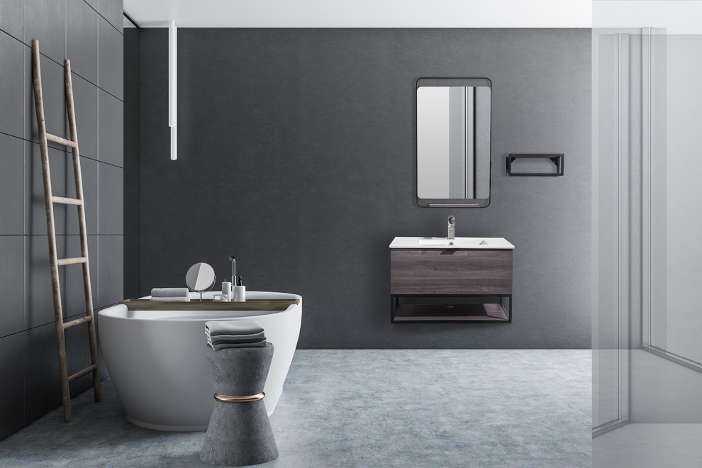 Esempio di una stanza da bagno industriale con ante lisce, ante in legno scuro, lavabo integrato, top in acciaio inossidabile e top bianco
