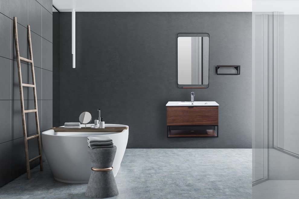 Ispirazione per una stanza da bagno industriale con ante lisce, lavabo integrato, top in acciaio inossidabile e top bianco