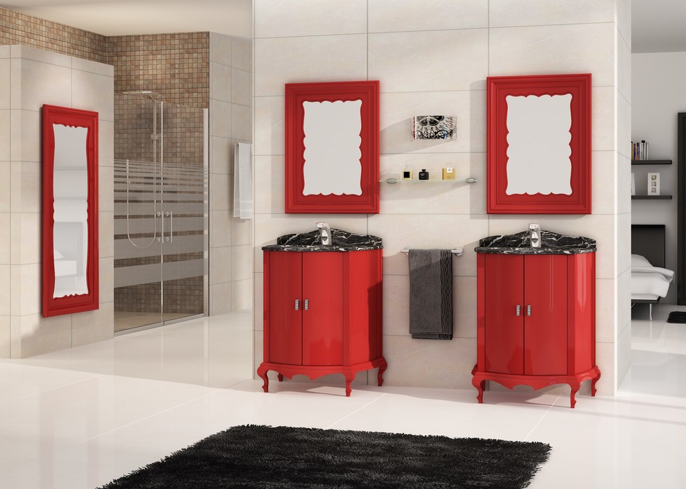 Ispirazione per una stanza da bagno con doccia boho chic con lavabo sottopiano, consolle stile comò, ante rosse e top in marmo