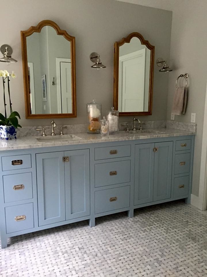 Inspiration for a large coastal master gray tile and stone tile marble floor bathroom remodel in San Luis Obispo with furniture-like cabinets, blue cabinets, a one-piece toilet, gray walls, an undermount sink and marble countertops
