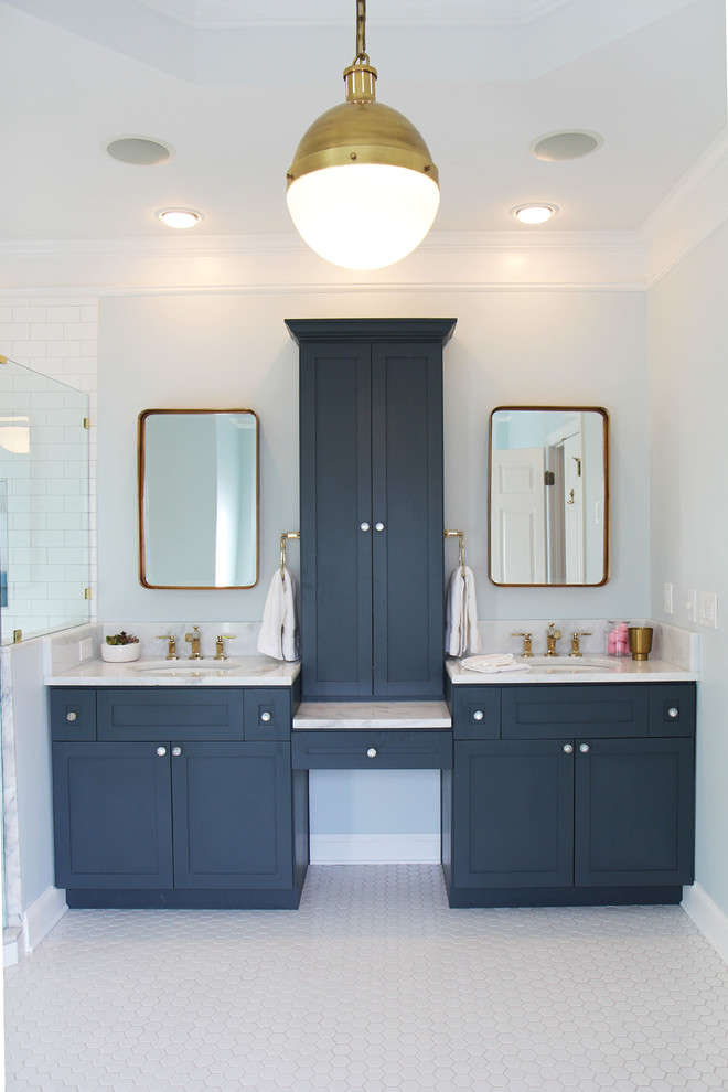 Inspiration for a large victorian master white tile and subway tile mosaic tile floor claw-foot bathtub remodel in Atlanta with shaker cabinets, blue cabinets, a two-piece toilet, blue walls, an undermount sink and quartzite countertops