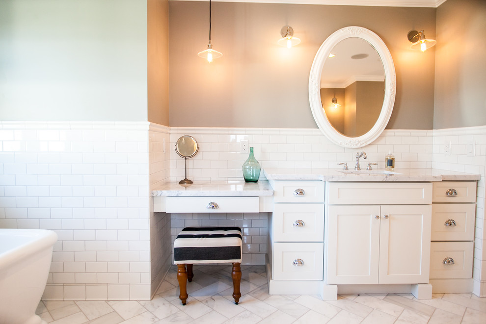 Example of a mid-sized cottage master white tile and subway tile marble floor bathroom design in Phoenix with shaker cabinets, white cabinets, gray walls, an undermount sink and marble countertops