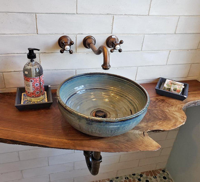 Vessel Sink (custom) with Live Edge Counter Country Bathroom