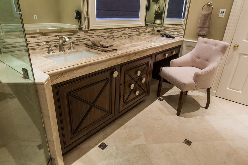 Bathroom - huge transitional master beige tile travertine floor bathroom idea in San Diego with beaded inset cabinets, dark wood cabinets, granite countertops and beige walls