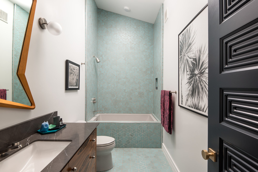Bathroom - mid-sized modern kids' blue tile and ceramic tile ceramic tile and blue floor bathroom idea in San Diego with furniture-like cabinets, dark wood cabinets, white walls, a one-piece toilet, an undermount sink and granite countertops