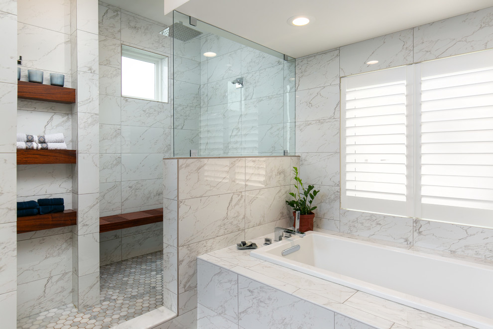 Bathroom - large transitional master white tile and porcelain tile marble floor and gray floor bathroom idea in Kansas City with flat-panel cabinets, brown cabinets, white walls, an undermount sink, marble countertops and white countertops