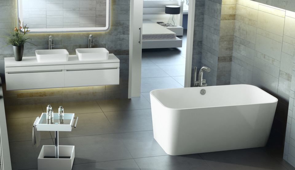 Modelo de cuarto de baño moderno con lavabo sobreencimera, armarios estilo shaker, puertas de armario blancas, bañera exenta, baldosas y/o azulejos grises y baldosas y/o azulejos de porcelana