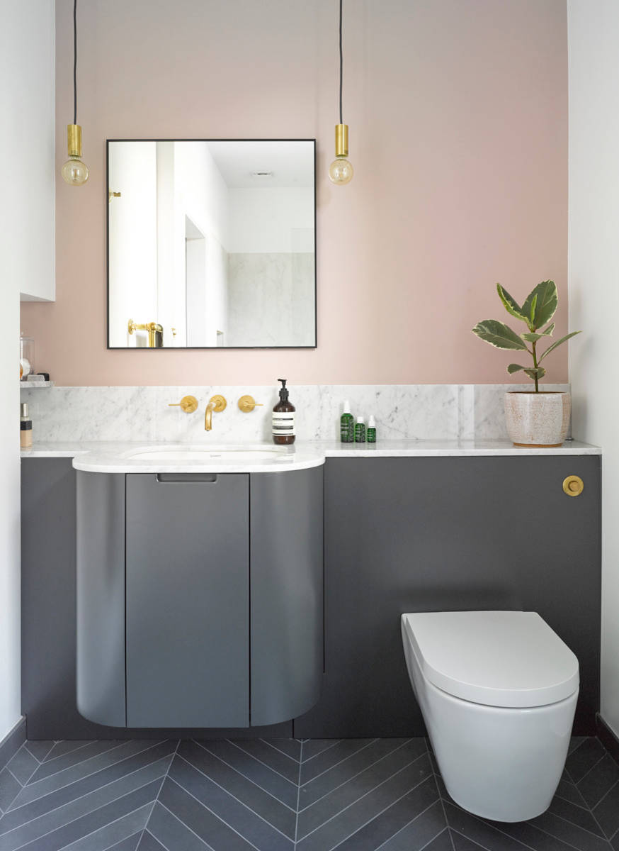 Gray Cabinets And Pink Walls, Pink And Grey Bathroom