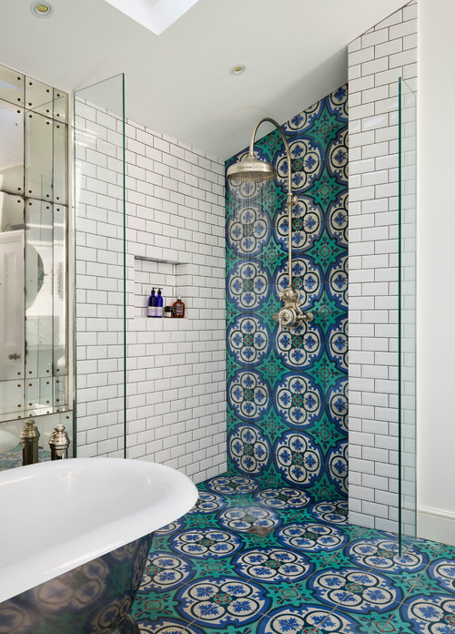 Walk-in Shower Design with Blue and Green Spanish Inspired Tiles