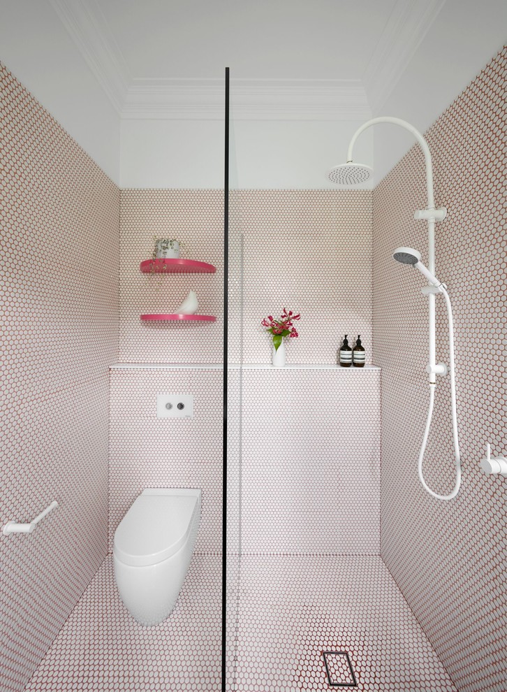 Inspiration for a mid-century modern 3/4 white tile and mosaic tile mosaic tile floor and multicolored floor bathroom remodel in Melbourne with a wall-mount toilet and multicolored walls