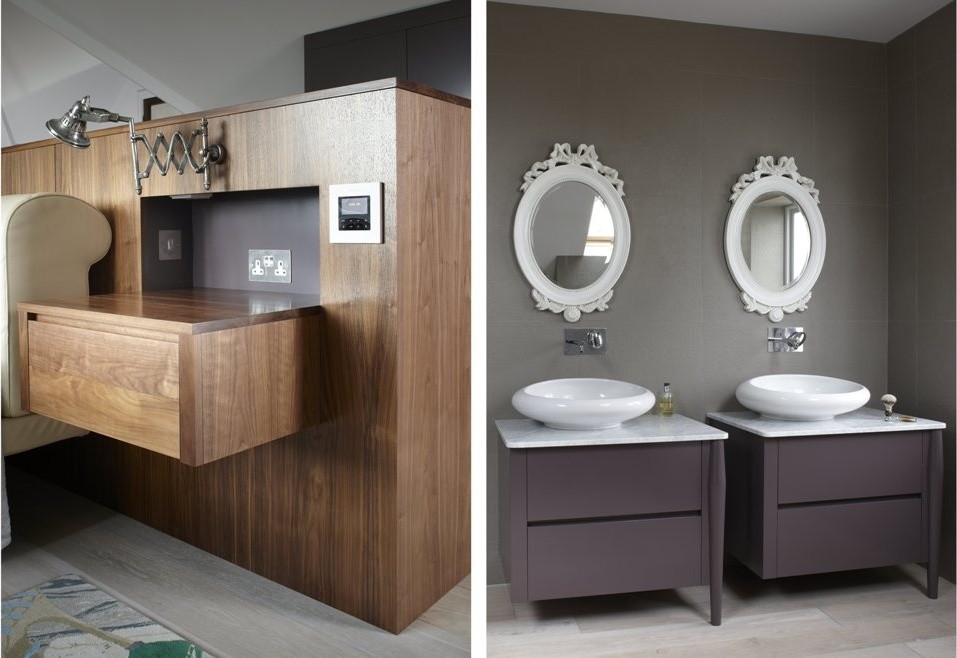 Idéer för att renovera ett mellanstort eklektiskt en-suite badrum, med släta luckor, en öppen dusch, en vägghängd toalettstol, grå väggar, kalkstensgolv, ett piedestal handfat och marmorbänkskiva