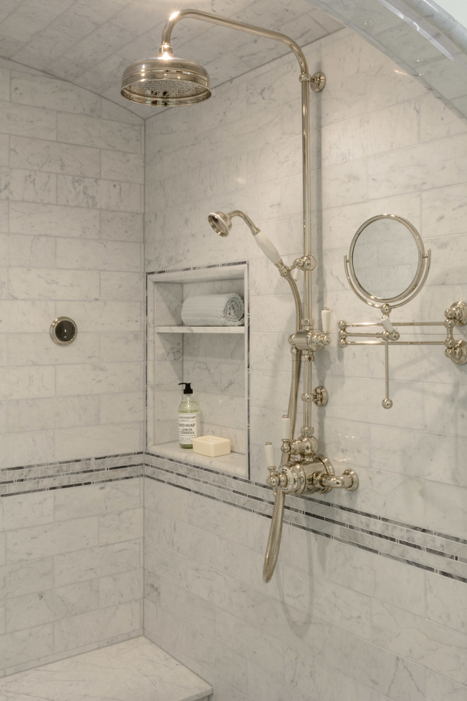 Inspiration for an expansive victorian ensuite bathroom in Los Angeles with open cabinets, a freestanding bath, an alcove shower, grey tiles, stone tiles, white walls, marble flooring, a pedestal sink and solid surface worktops.