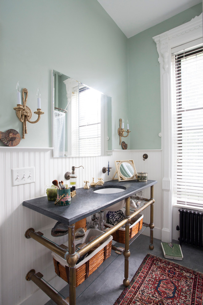 Inspiration for a victorian gray tile and stone tile tub/shower combo remodel in New York with an undermount sink, a two-piece toilet, open cabinets and soapstone countertops